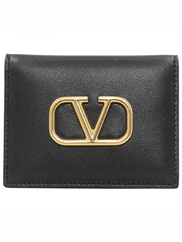 V Logo Signature Leather Card Wallet Black - VALENTINO - BALAAN 1