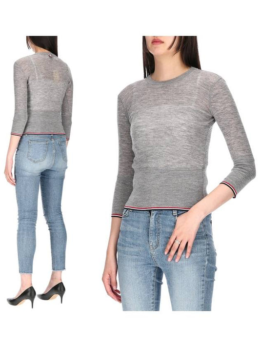 Women's Wool Rib 3/4 Sleeve Crew Neck Pullover Knit Top Light Gray - THOM BROWNE - BALAAN 2