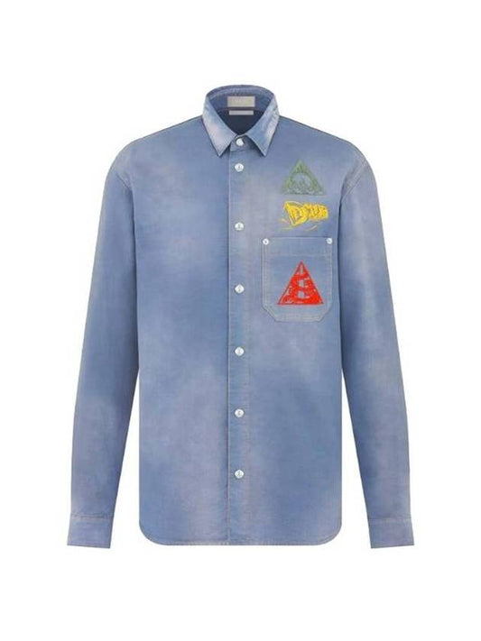 Astro Embroidered Patch Denim Long Sleeve Shirt Light Blue - DIOR - BALAAN 1