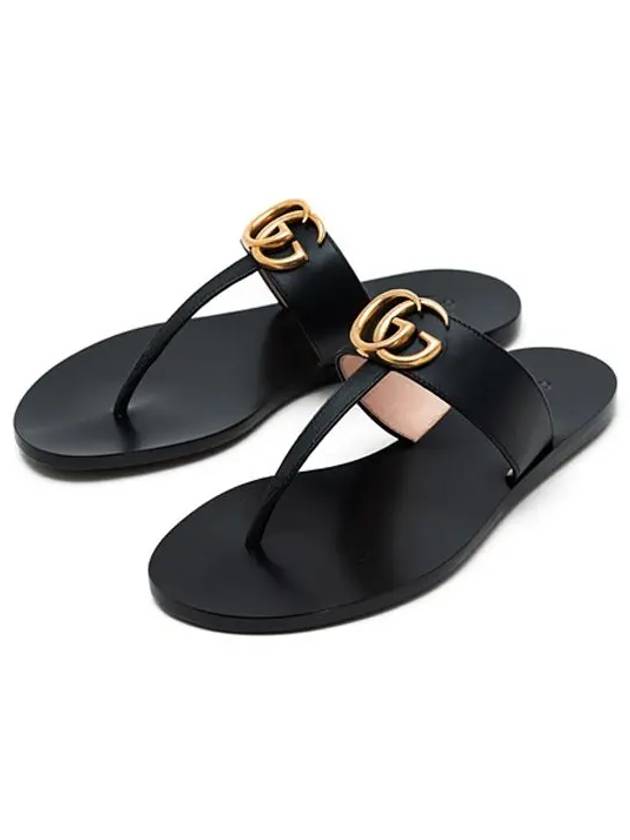 Women's GG Marmont T Strap Leather Flip Flops Black - GUCCI - BALAAN 5