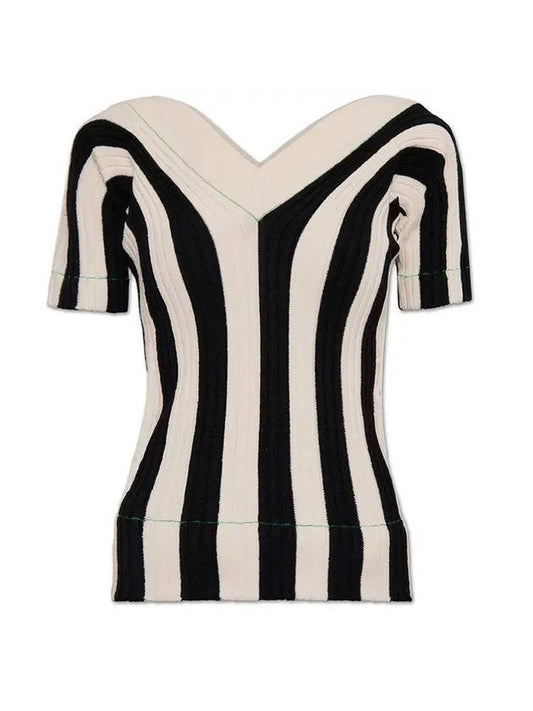 Striped V-neck Short Sleeve Knit Top - BOTTEGA VENETA - BALAAN 1