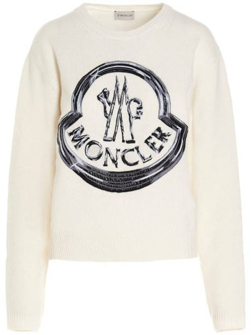 Big Logo Embroidered Patch Intarsia Knit Top Beige - MONCLER - BALAAN.