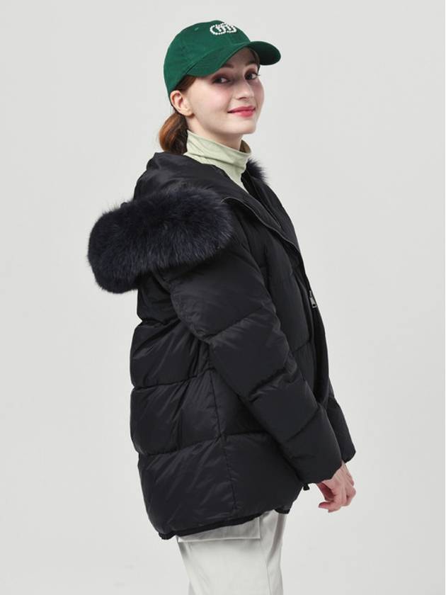 Women Fox Hood Trimming Opening Tape Decoration Down Padded Over Hip Black Jacket DO6242JK06 - DOYOUKNOWMC GOLF WEAR - BALAAN 4