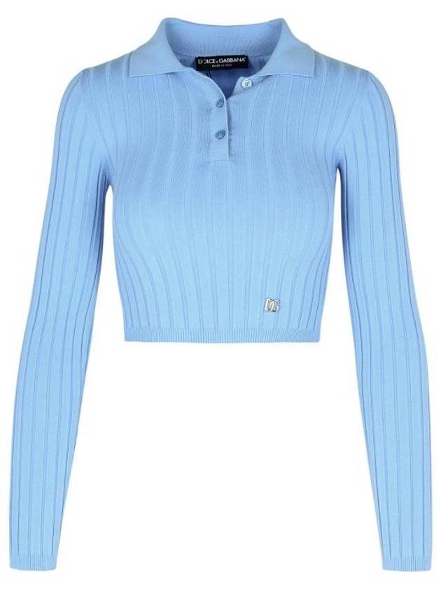 Logo Plaque Knitted Polo Shirt Light Blue - DOLCE&GABBANA - BALAAN 1