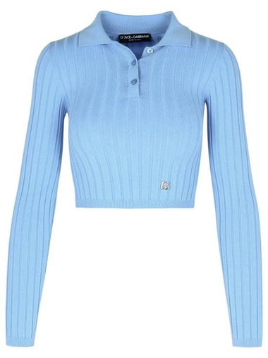 Logo Plaque Knitted Polo Shirt Light Blue - DOLCE&GABBANA - BALAAN 1