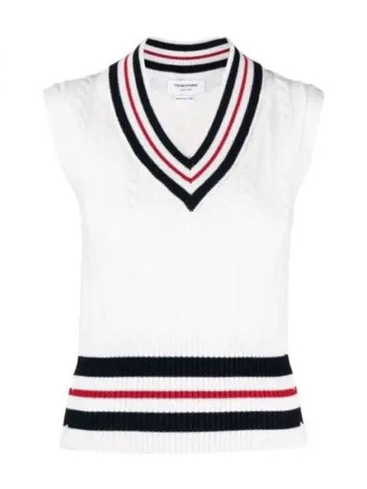 RWB Cable V Neck Cashmere Vest White - THOM BROWNE - BALAAN 2