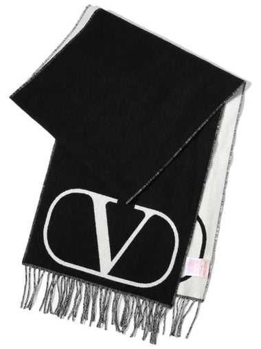 V Logo Fringe Edge Wool Muffler Black - VALENTINO - BALAAN 1