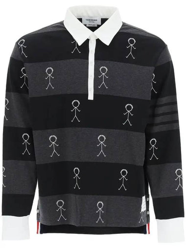 4 Bar Rugby Stripe Oversized Long Sleeve Polo Shirt Black - THOM BROWNE - BALAAN 1