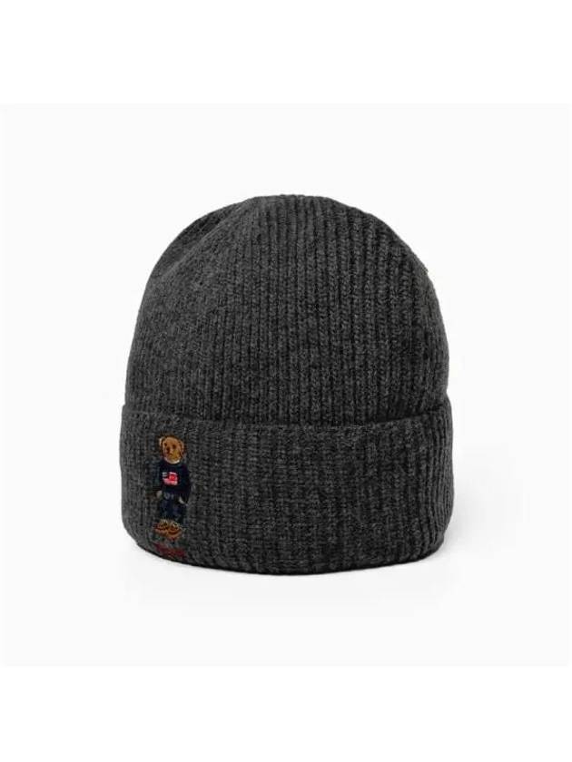 Embroidered Bear Knit Wool Beanie Charcoal - POLO RALPH LAUREN - BALAAN 4