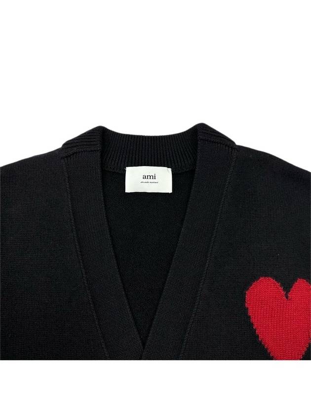 Heart Logo V Neck Wool Cardigan Black - AMI - BALAAN 6