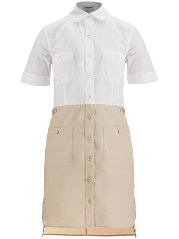 khaki typewriter cloth dress with striped logo - THOM BROWNE - BALAAN 1