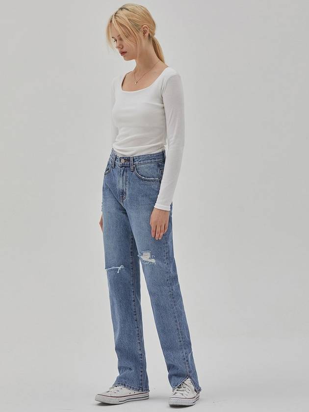 RYUL+WAI: Denim Destroyed Straight Slit Pants Blue - RYUL+WAI: - BALAAN 3