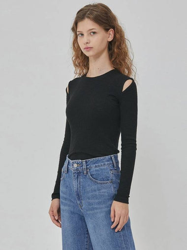 Slit Shoulder Long Sleeve T-Shirt Black - RYUL+WAI: - BALAAN 1