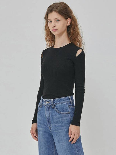 Slit Shoulder Long Sleeve T-Shirt Black - RYUL+WAI: - BALAAN 2