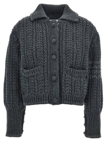 Chunky Links Stitch 4 Bar Polo Merino Wool Cardigan Grey - THOM BROWNE - BALAAN 1