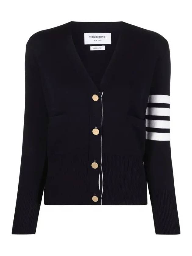 Milano Stitch 4 Bar Classic V Neck Fine Merino Wool Cardigan Navy - THOM BROWNE - BALAAN 3