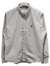 Men's Heart Logo Striped Button Down Long Sleeve Shirt Grey - AMI - BALAAN 2