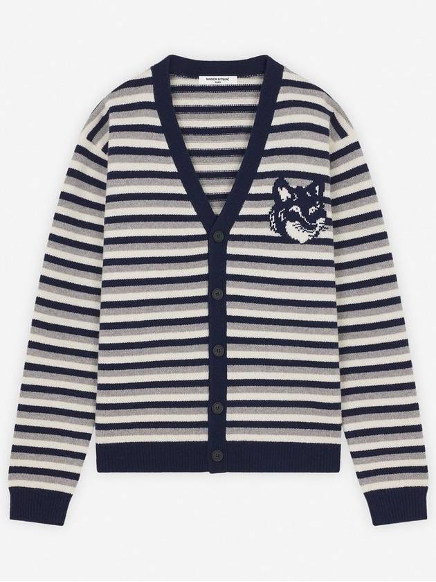 Fox Head Intarsia Striped Comfort Cardigan Navy White - MAISON KITSUNE - BALAAN 2