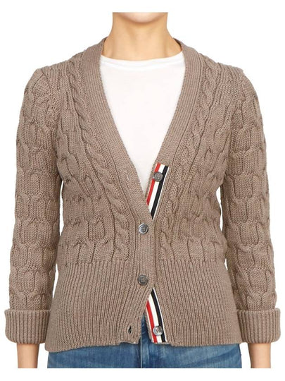 Merino Wool Crisscross Cable Stitch 3/4 Sleeve V-Neck Cardigan Medium Brown - THOM BROWNE - BALAAN 2