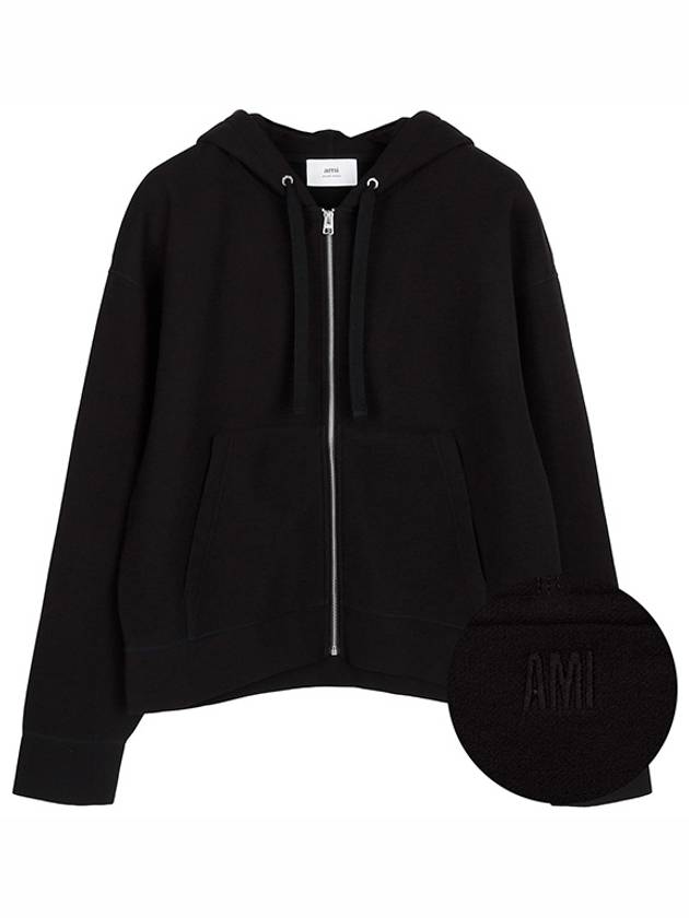 Wool Viscose Zip-Up Hoodie Black - AMI - BALAAN 2