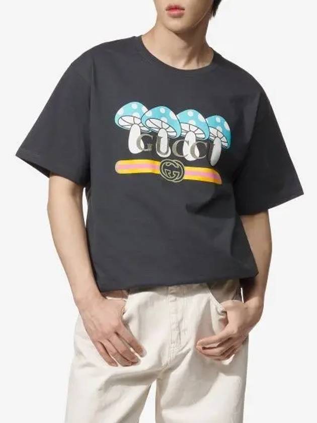 Mushroom Logo Print Short Sleeve T-Shirt Black - GUCCI - BALAAN 2