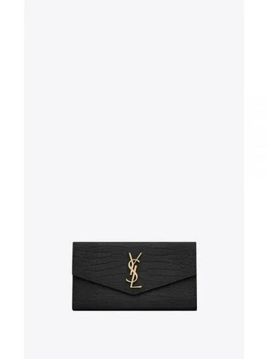 Uptown Crocodile Embossed Shiny Leather Flap Long Wallet Black - SAINT LAURENT - BALAAN 2