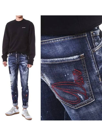 Dsquared Dean Dan embroidery patch color painted dark blue washed jeans cool guy fit 71LB1011 - DSQUARED2 - BALAAN 1