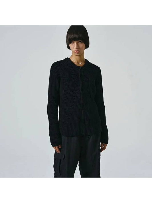 Wool Ribbed Zip-Up Cardigan Black - NOIRER - BALAAN 2