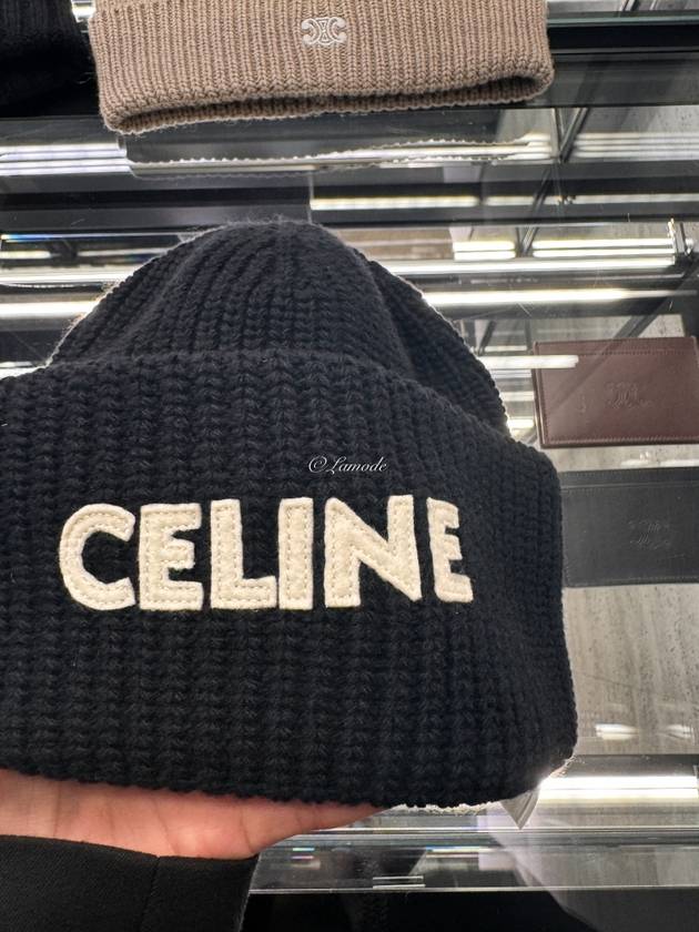 Logo Ribbed Wool Beanie Black - CELINE - BALAAN 3