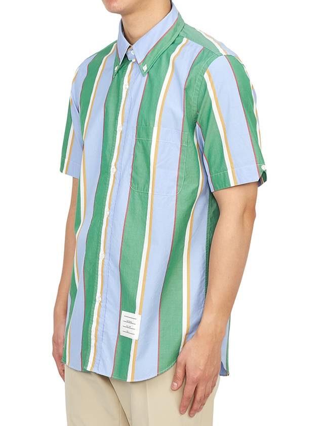 Straight Fit Button Down Short Sleeve Shirt Green Blue - THOM BROWNE - BALAAN 3