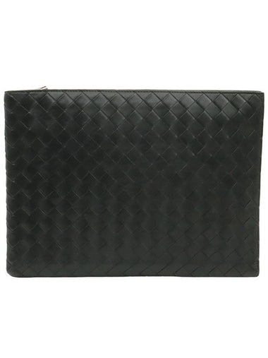 Black Intrecciato Half Zip Document Pouch Clutch - BOTTEGA VENETA - BALAAN 1