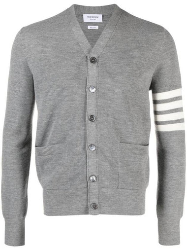 4-Bar Striped Waffle High V-Neck Cardigan Light Grey - THOM BROWNE - BALAAN 1