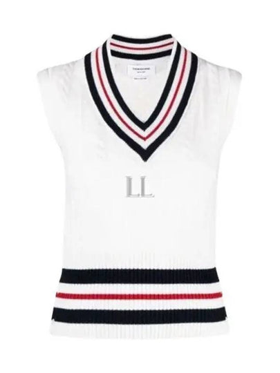 RWB Cable V Neck Cashmere Vest White - THOM BROWNE - BALAAN 2