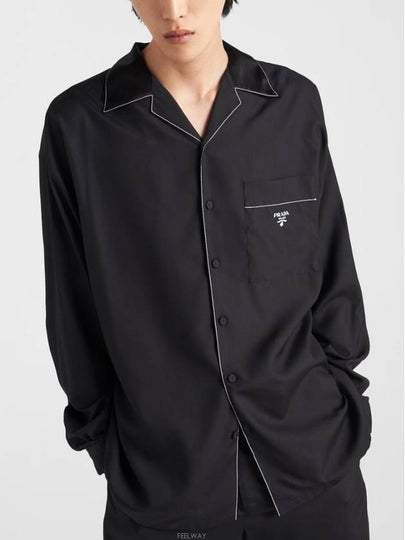 Embroidered Logo Pocket Silk Long Sleeve Shirt Black - PRADA - BALAAN 2