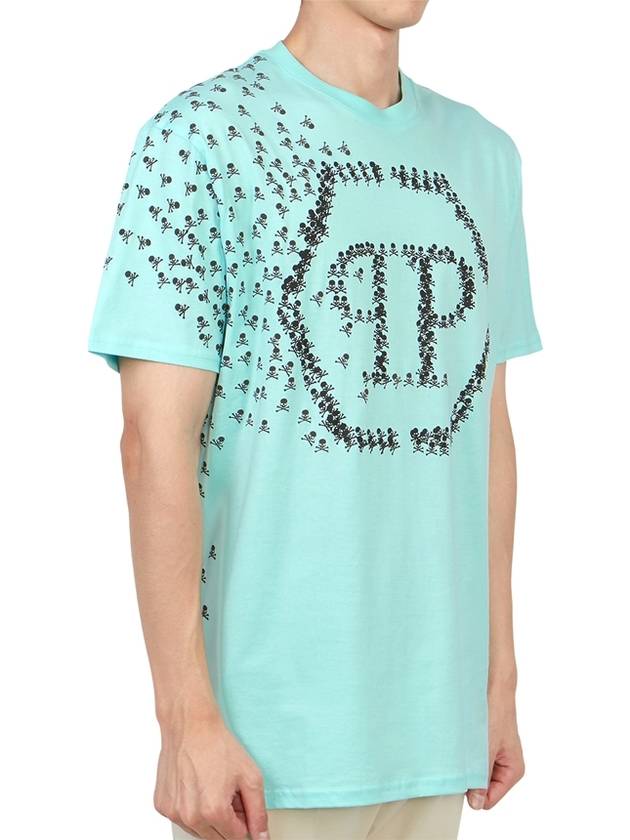 Skull Bones Logo Print Cotton Short Sleeve T-Shirt Blue - PHILIPP PLEIN - BALAAN 4