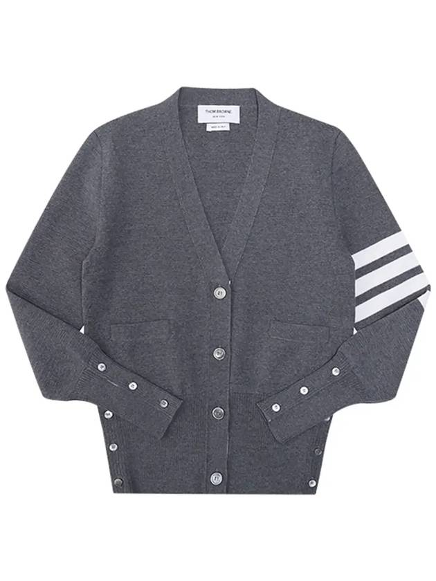 Milano Stitch 4 Bar Classic V Neck Fine Merino Wool Cardigan Medium Grey - THOM BROWNE - BALAAN 6