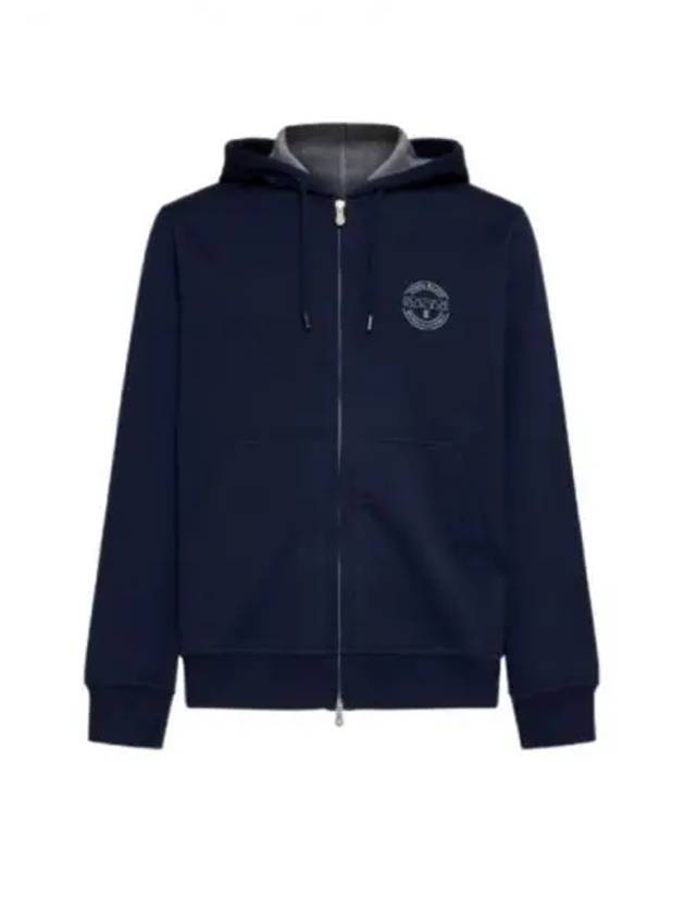 Logo Print Double Fleece Zip Up Hoodie Dark Blue - BRUNELLO CUCINELLI - BALAAN 2