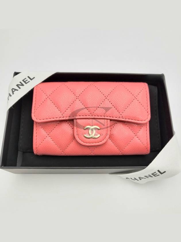 Classic Gold Logo Grained Shiny Calfskin Card Wallet Coral Pink - CHANEL - BALAAN 3