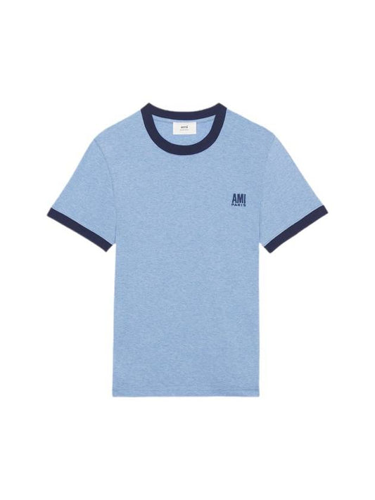 Men's Logo Embroidered Short Sleeve T-Shirt Blue - AMI - BALAAN 1