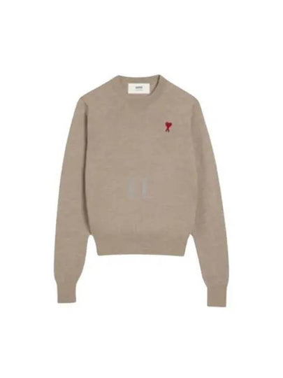 Heart Embroidered Logo Crew Neck Knit Top Beige - AMI - BALAAN 2