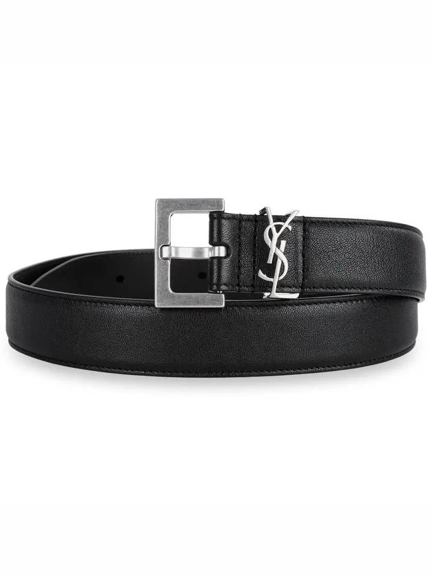 Silver Hardware Monogram Buckle Leather Belt Black - SAINT LAURENT - BALAAN 3