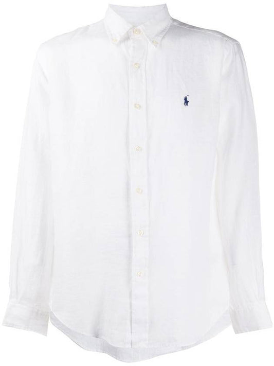 Embroidered Logo Linen Long Sleeve Shirt White - POLO RALPH LAUREN - BALAAN.