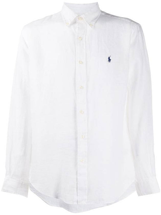 Embroidered Logo Linen Long Sleeve Shirt White - POLO RALPH LAUREN - BALAAN 1