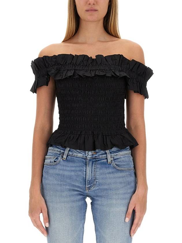 Off-Shoulder Cotton Poplin Smock Blouse Black - GANNI - BALAAN 3