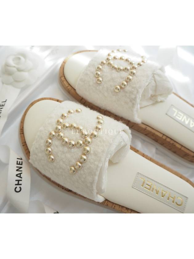 24 CC Logo Pearl Tweed Slippers Mule Ivory G45575 - CHANEL - BALAAN 2