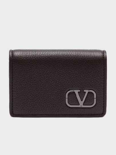 V Logo Leather Card Wallet Brown - VALENTINO - BALAAN 2