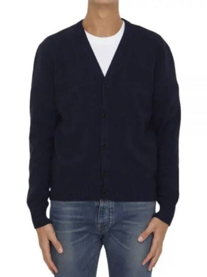 Heart Logo V Neck Cashmere Cardigan Navy - AMI - BALAAN 2