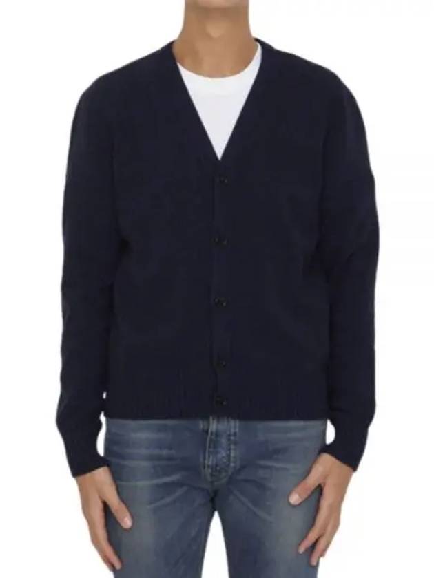 Heart Logo V Neck Cashmere Cardigan Navy - AMI - BALAAN 2