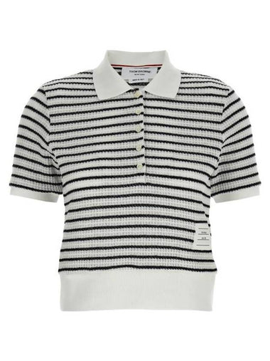 Striped Rib Cuff Polo Shirt White - THOM BROWNE - BALAAN 1