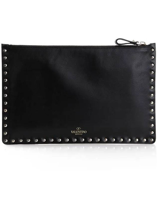 Rockstud Zipper Clutch Bag Black - VALENTINO - BALAAN.